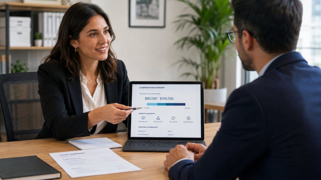 Profesionales de recursos humanos revisando una oferta de empleo con rango salarial.