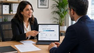 Profesionales de recursos humanos revisando una oferta de empleo con rango salarial.